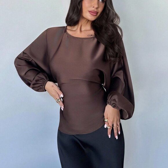 Brown Elegant Women's Romantic Coffee Round Neck blouse - Picture 5 of 7